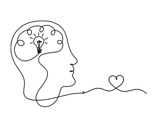 Man silhouette brain and heart as line drawing on white background
