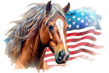A painting of a horse in front of an american flag. Generative AI.