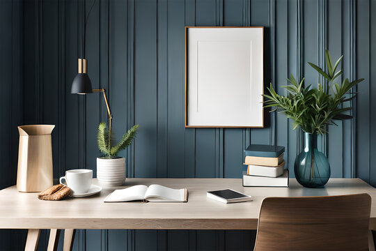 Cup of coffee, books and empty picture frame mockup on wooden desk, table. Vase with olive branches. Elegant working space, home office concept. Scandinavian interior design. Generative AI