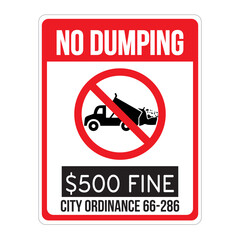No dumping allowed. Prohibition sign with silhouette of a dump truck unloading waste. Eps 10 vector illustration.