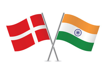Denmark and India crossed flags. Danish and Indian flags on white background. Vector icon set. Vector illustration.
