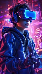 Young Person with VR Goggles in Blue, Cyan, and Purple Neon Colors. Generative ai