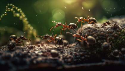 Fire ants working together on green leaf generated by AI