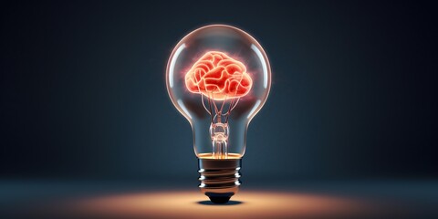Light bulb with human brain inside on dark background. lightbulb brainstorming creative idea abstract icon, generative ai