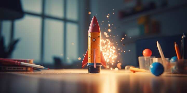 Toy rocket takes spewing smoke, The symbol for success is Start-up education and knowledge, Start up business, generative ai