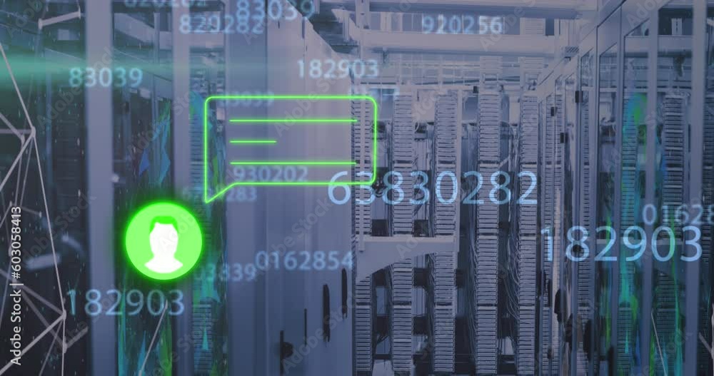 Poster animation of profile and message icon over multiple changing numbers against server room
