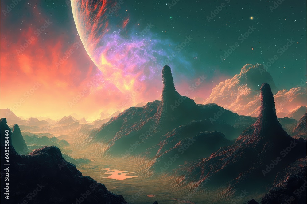 Wall mural utopian dreamland landscape with sky of colorful nebula. distinct generative ai image.