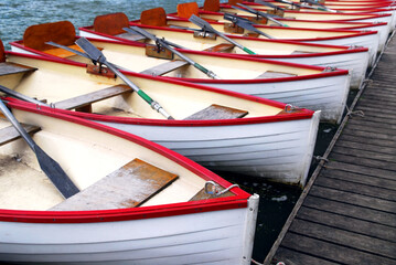 Row of docked wooden rowing boats for rent © Designpics