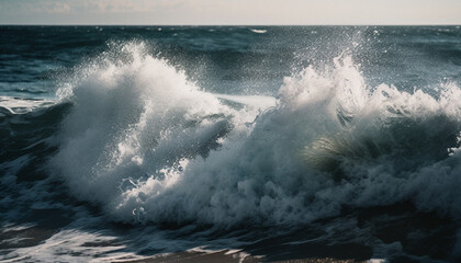 Breaking wave crashes on sandy tropical coast generated by AI