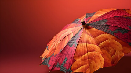 A floral texture umbrella shot in a red background studio with some copy space. Generative AI technology.