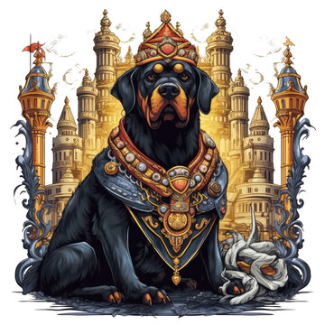 A majestic Plumber Rottweiler Dog t-shirt design, the dog is depicted as a mythical creature with a serpent tail and a crown of pipes and valves, standing in front of a grandiose palace, Generative Ai