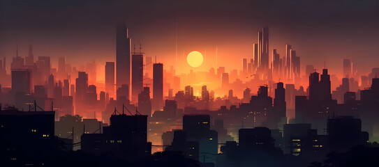 Fototapeta na wymiar Illustration of city silhouette, lot of high rise building night and full moon background orange sky artistic. Generative AI technology.
