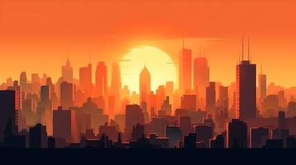 Fototapeta na wymiar Illustration of city silhouette, lot of high rise building sunset background orange sky artistic. Generative AI technology.