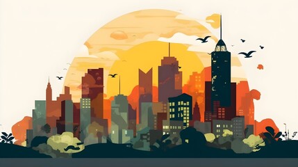 Fototapeta premium Illustration of city silhouette, lot of high rise building day sunrise background colorful abstract sky artistic. Generative AI technology.