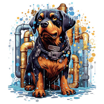A surreal Plumber Rottweiler Dog t-shirt design, the dog is depicted as a mosaic of pipes and gears with a shimmering golden glow, floating in a void with stars and galaxies in the back, Generative Ai