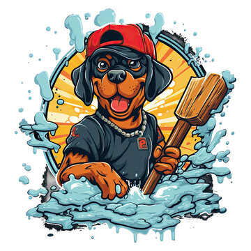 A humorous Plumber Rottweiler Dog t-shirt design, the dog is depicted as a cartoon character wearing a red cap and overalls, holding a plunger in one hand and a slice of pizza in the ot, Generative Ai