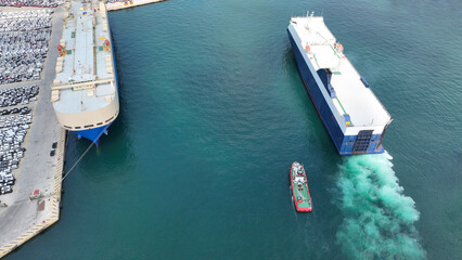 Aerial drone photo of international car terminal and Ro Ro boat terminal in Drapetsona area,...