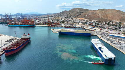 Aerial drone photo of international car terminal and Ro Ro boat terminal in Drapetsona area, Piraeus, Attica, Greece