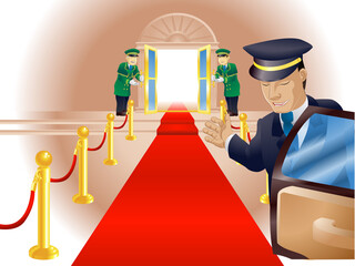 Illustration, point of view of person getting out of a limousine with chauffer and doormen...