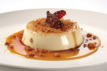 Panna cotta, sweetened cream set with gelatin and covered with burned caramelized sugar crust. Generative AI.