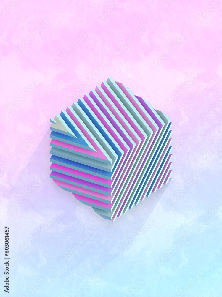 Poster Isometric projection of a bright cube with a trendy gradient divided into thin slices. 3d rendering abstract background