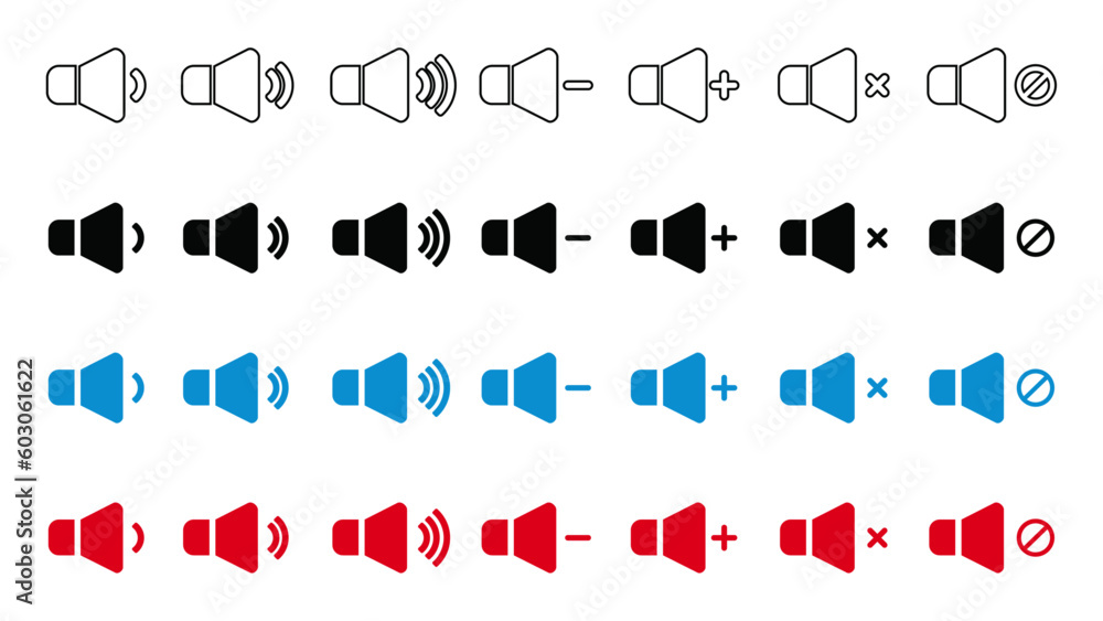 Poster a set of sound icons with different signal levels in a flat style. icon showing the mute isolated on