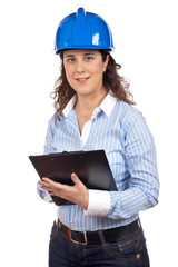 Smiling female architect writing, over a white background