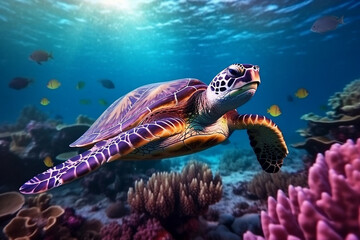 Obraz na płótnie Canvas Beautiful colors and vibrant coral life surrounding swimming sea turtle, generative AI