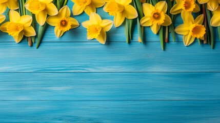 Spring background with yellow daffodils on a blue wooden table.
