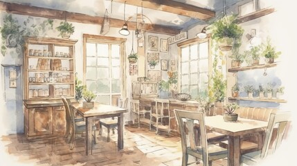 Light watercolor interior of a cozy cafe