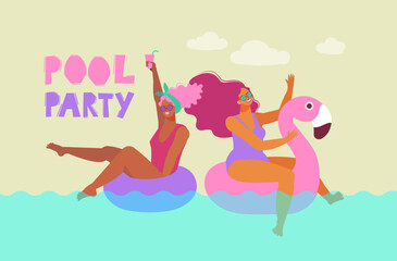 Flat vector illustration. Summer time, girls in sunglasses with long hair on swim rings in the pool. Pool party. Perfect background for posters, covers, flyers, banners.