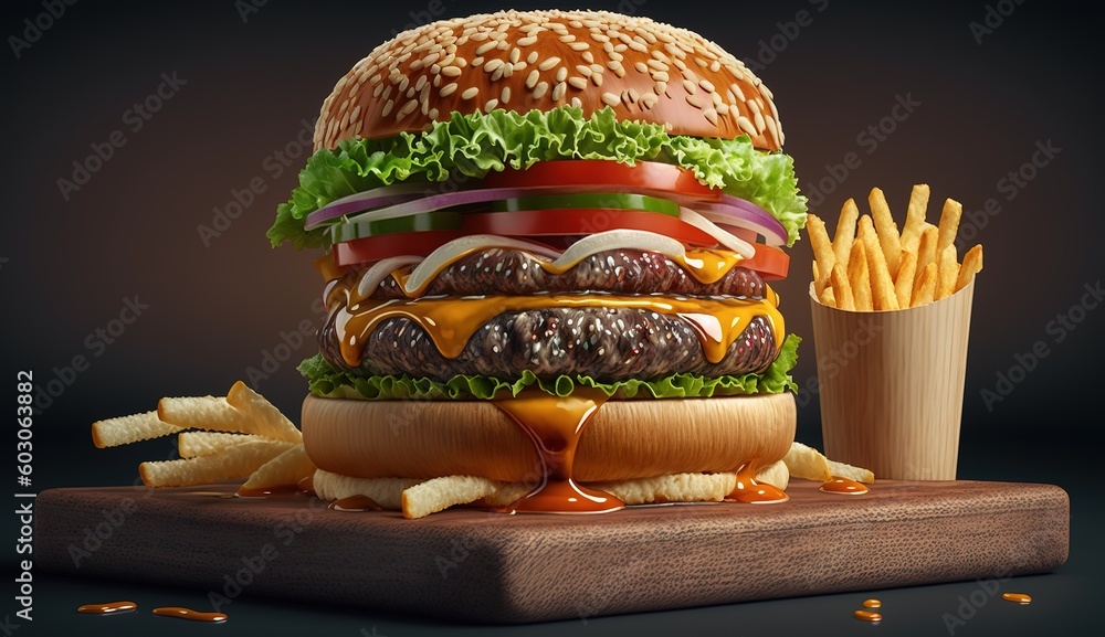 Aufkleber view of a burger and fries from the front generative ai