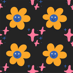Fototapeta na wymiar Cute funny smiling face flowers on black background seamless pattern. Vector cartoon kawaii character illustration design.