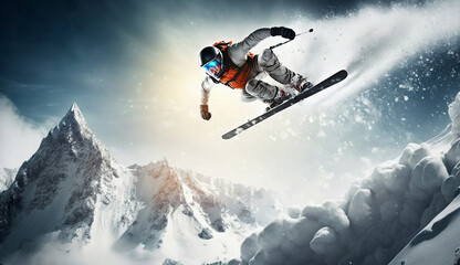 snowboarder rides in the mountains. Generative AI,