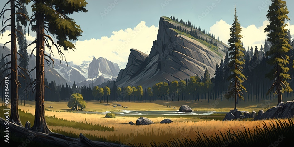 Poster terrain including both towering trees and a rugged mountain generative ai