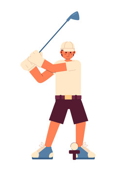 Young male golfer playing golf semi flat colorful vector character. Golf country club. Golfer in action. Editable full body person on white. Simple cartoon spot illustration for web graphic design