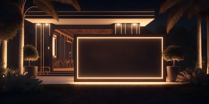 Generic Outdoor Night Shot Of Luxury Resort Or Hotel Like Reception And Fine Dining Restaurant With Blank Empty Signboard Mockup - Generative AI