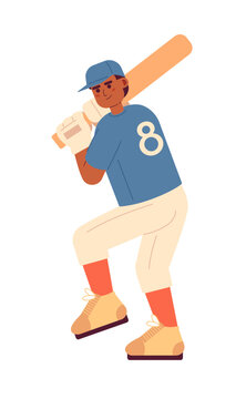 African american baseball player in batting position semi flat colorful vector character. Batter holds bat. Editable full body person on white. Simple cartoon spot illustration for web graphic design