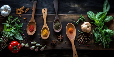 Fresh Herbs and Spices with Wooden Spoon on Black Wooden Table, generative AI