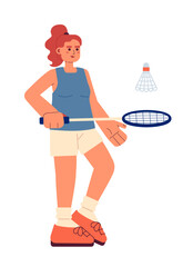 Young sportswoman playing badminton semi flat colorful vector character. Female athlete hitting shuttlecock. Editable full body person on white. Simple cartoon spot illustration for web graphic design