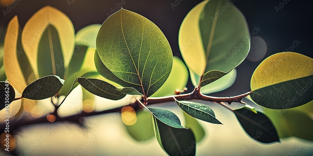 Aufkleber bokeh effect of leaves from a ficus religiosa tree limb. generative ai
