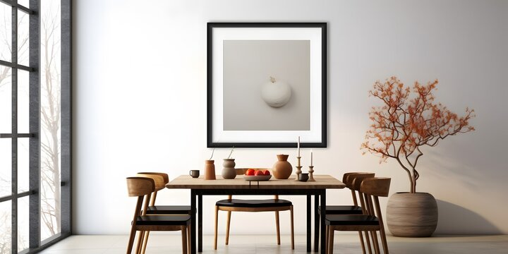 Mock up poster frame in dining room interior with white wall background
