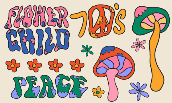 Retro 70s 60s, clockwork mushrooms, flowers and lettering, tattoo sketch, vector illustration. Boho hippie stickers set.