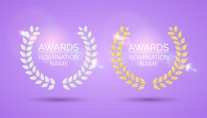 Laurel wreaths. Gold and silver 3D awards set. First and second place. Victory and achievement. Minimalist style. Vector Illustration.