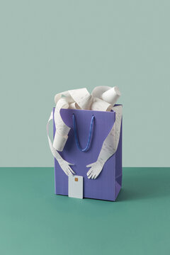 Pay receipts in bag with paper hands hold card.