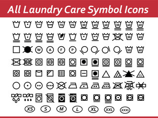 Laundry Care Symbol Icons Set Transparent Black and White Textile Instruction Label Clipart 