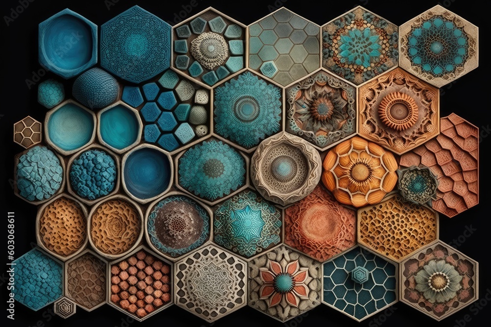 Aufkleber mosaic art abstract background in hexagonal shape. distinct generative ai image.