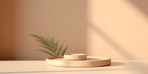 Two minimal modern wooden round tray podium on white glossy table counter in sunlight