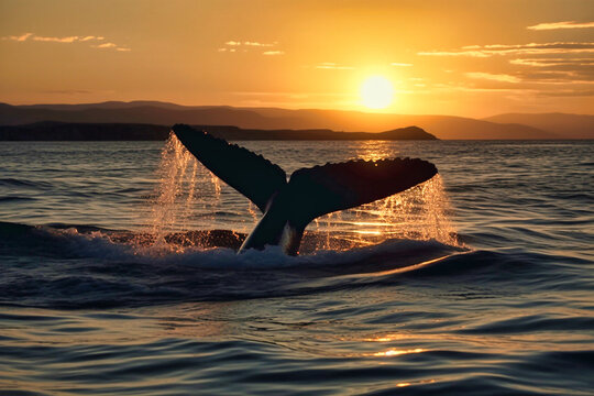 A whale waves its tail in the water at sunset, Generative AI