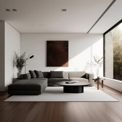 Naklejka na ściany i meble Modern and serene minimalist living room with a neutral color palette, generative AI